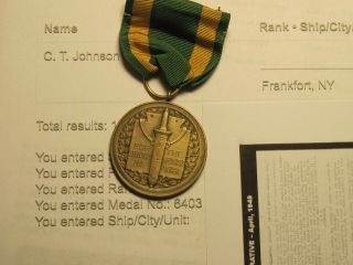 1898 - 1899 Spanish - American War Veterans Service Medal C.  T.  Johnson,  6403