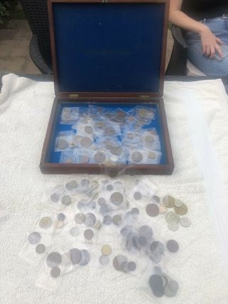 Joblot Of 168 Antique Coins In An Antique Wooden Box Found In A House