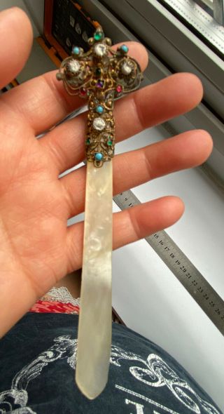 Antique Gilt Metal Double Side Enamel Mother Of Pearl Bookmark Enamel Damage