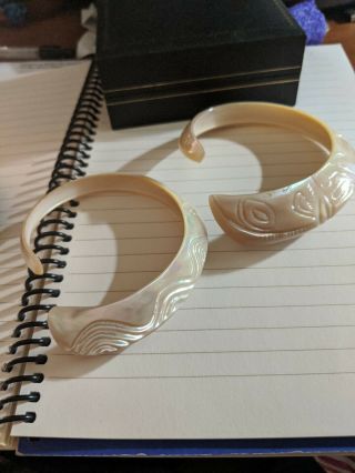 2 Vintage Carved Shell Mother Of Pearl Bangle Bracelets Polynesian