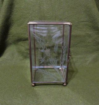 vtg.  brass & etched glass display curio cabinet specimen case w door table top 2