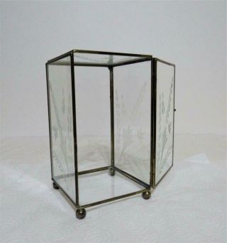 vtg.  brass & etched glass display curio cabinet specimen case w door table top 3