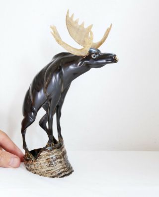 Incredible Vintage Hand Carved Bovine Horn Shaped Like A Moose - 25cm Tall