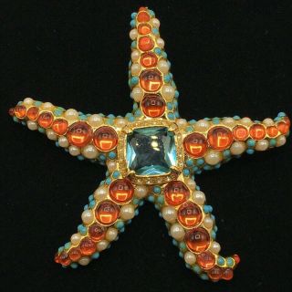 Vintage Kjl Kenneth J Lane Rhinestone & Faux Pearl Turquoise Starfish Pin Brooch