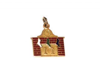 Vtg 50s 60s 14k Gold Enamel Christmas Charm,  Hearth Fireplace Stockings