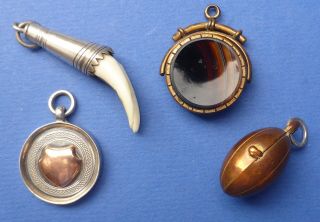 4 Antique Pocket Watch Fobs Silver Fattorini Bloodstone Tigers Eye Animal Tooth
