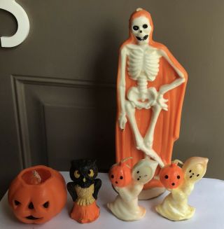 5 Vintage Halloween Gurley Candles Skeleton Owl Ghosts Jack - O - Lantern