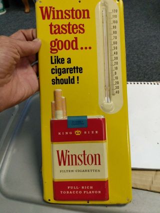 Vintage 1950s Winston Cigarettes Tobacco Embossed Metal Thermometer Advertising