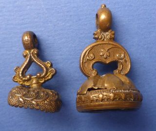 2 Antique Georgian Pocket Watch Fobs Intaglio Seals Pinchbeck Forget Me Not 2