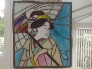 Vintage Stain Glass Sun Catcher Of A Chinese Girl Holding A Parasol 30 X 26cm