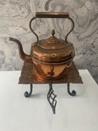 Vintage Copper Kettle Stand.  Arts And Crafts,  Wrought Iron Handle