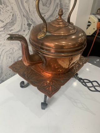 vintage Copper Kettle Stand.  Arts and Crafts,  Wrought Iron Handle 2