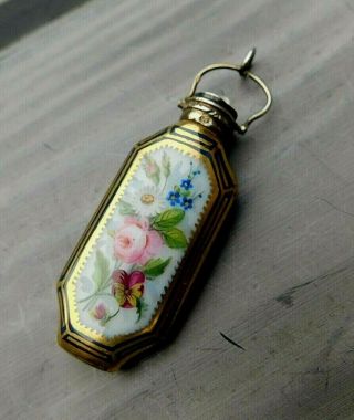 Antique Victorian Ladies Perfume Scent Bottle Gilt Hand - Painted Chatelaine C1890