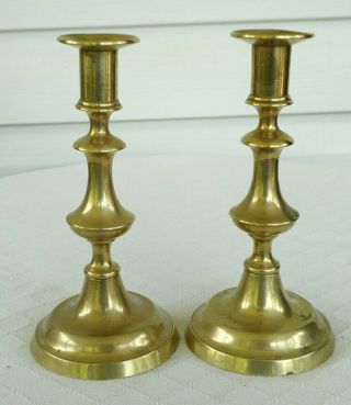 Pair 2 Antique Brass Candlesticks Push Up Continental Europe 19th C.  Good Shape