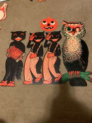 5 Luhrs Vintage Halloween Decorations 3 Black Cats.  Owl.  Pumpkin