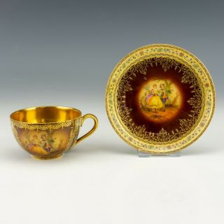 Vintage Continental Porcelain - Courting Couple Decorated Gilded Cup & Saucer