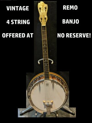 Banjo 4 String Wood Instrument Vintage Remo Weather King Kay Kraft With Stand