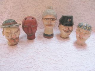 Vintage German Character Wooden Carved Heads For Puppets Set Of 5