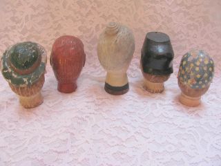 Vintage German Character Wooden Carved Heads for Puppets Set of 5 2