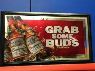 Budweiser Anheuser Busch Grab Some Bud Bar Pub Man Cave Mirror Beer Sign Display