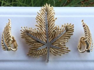 Vintage Rhinestone Leaf Pin And Earrings Set Signed Trifari W/ Crown