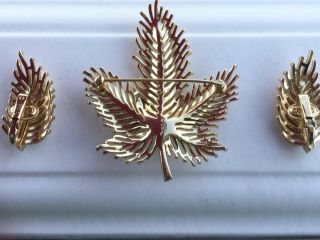 Vintage Rhinestone Leaf Pin and Earrings Set Signed Trifari w/ Crown 2