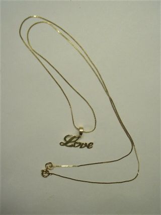 Vintage Solid 14k Yellow Gold Love Pendent & 18 " Italy 14k Chain Necklace 1.  3 G
