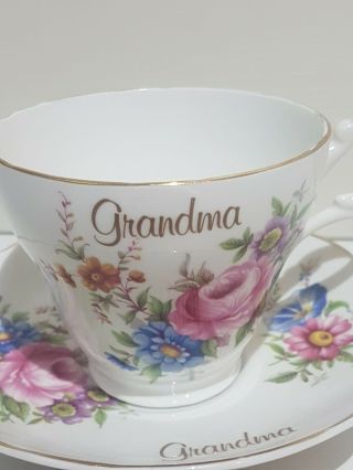 Argyle Fine Bone China Floral Pattern Tea Cup & Saucer Titled Grandma 2