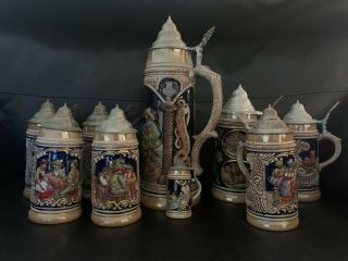 Set Of 9 Vintage German Pottery Lidded Beer Steins