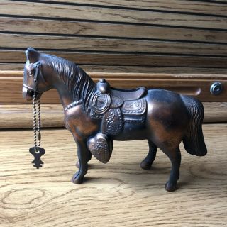 Antique Metal Horse Coin Bank With Key Saddle Western Collectible