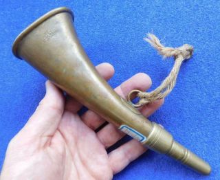 Fine Antique Brass Short Form Hunting Horn With Internal Reed & Makers Mark