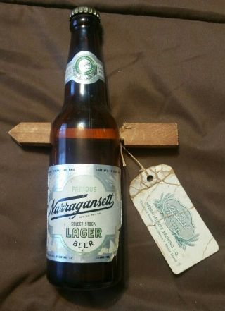 Scarce 1947 Narragansett Beer Amber Glass " Arrow Through The Bottle " & Tag