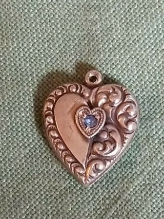 Vtg Sterling Silver Repousse Puffy Heart Charm Blue Stone Lynelle
