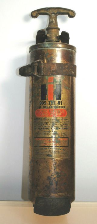 Antique International Harvester 1qt.  Hand Pump Brass Fire Extinguisher & Bracket