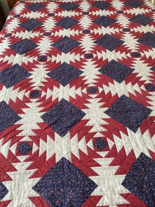 Wow Vintage Handmade Hand Quilted Pineapple Quilt Americana Red White Blue 80x93