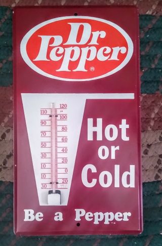 Vintage Dr Pepper " Hot Or Cold " Metal Thermometer Sign.  Nos &