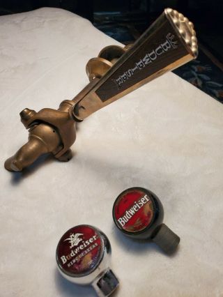 Vintage Antique Brass Spigot Budweiser Tap Fountain Spout W/2 Ball Tap Handles