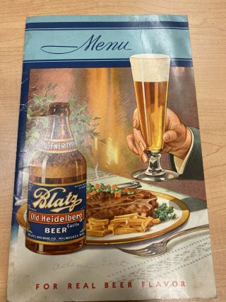 Vintage 40’s Blatz Old Heidelberg Beer Menu Cover With Stationary Private Stock