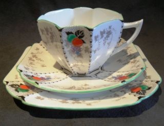 Fine Vintage Art Deco Shelley Queen Anne Peaches Grapes Pattern Trio Porcelain 2