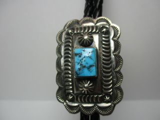 Lovely Hand Tooled Vtg Navajo Bolo Tie,  Sterling Silver & Turquoise,  Southwest