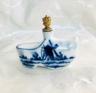 Art Deco German Porcelain Delft Style Clog Form Crown Top Perfume Scent Bottle