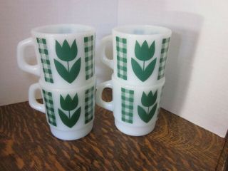 4 Vtg Termocrisa Milk Glass Coffee Mug With Check & Green Tulip Flowers Gingham