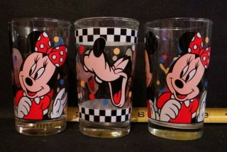 Set Of 3 Disney Mickey Minnie Mouse Donald Goofy Drinking Glass Cup Checkered