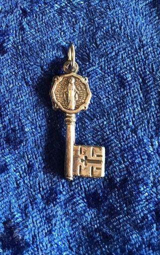 Vintage Antique 1900s Silver Italy Virgin Mary Key Religious Protection Pendant