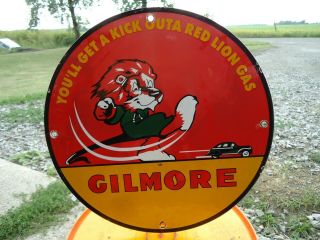 Vintage Old 1939 Gilmore " The Red Lion Gasoline " Porcelain Enamel Gas Pump Sign