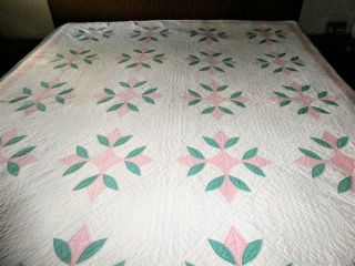 Vintage Handmade Hand Stitched Pink & Green Block Quilt Unknown Pattern