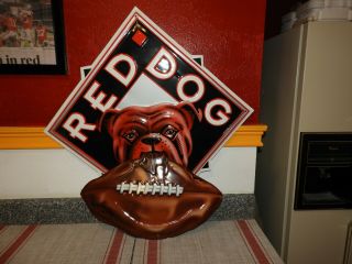 Vintage Red Dog Beer Metal Football Advertising Sign 28” X 33” Man Cave Bar