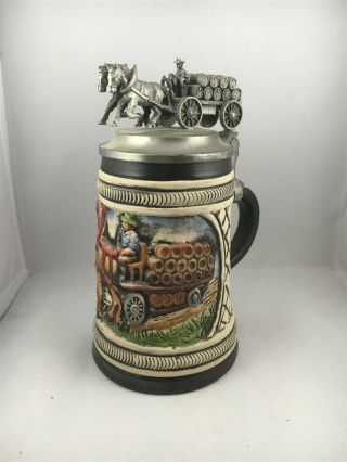 Gerz German Lidded Ceramic Beer Stein With Horse And Cart Pewter Lid Blue 3d