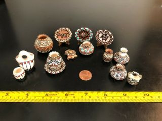 14 Native American Artisan Made Miniature Pottery - Various Artists - Dollhouse