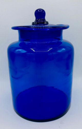 Large Vtg Hand Blown Cobalt Blue Glass Canister Apothecary Jar Ground Glass Lid